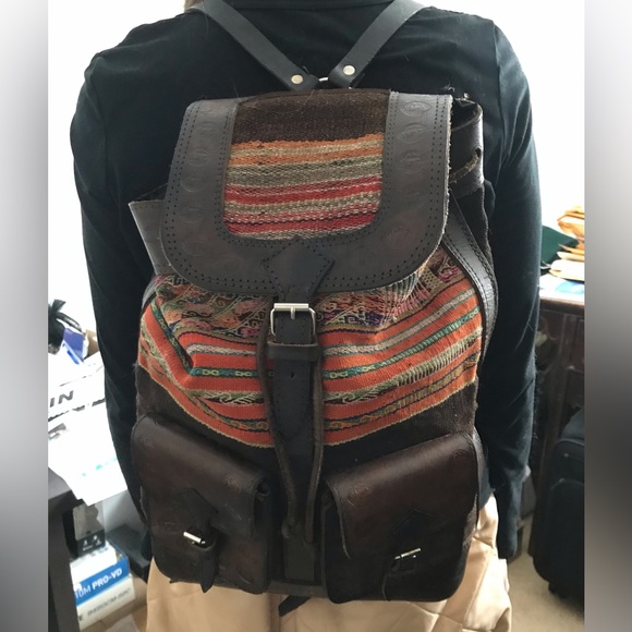 Handbags - Vintage Dark Brown Tooled Leather and Woven Fabric Backpack